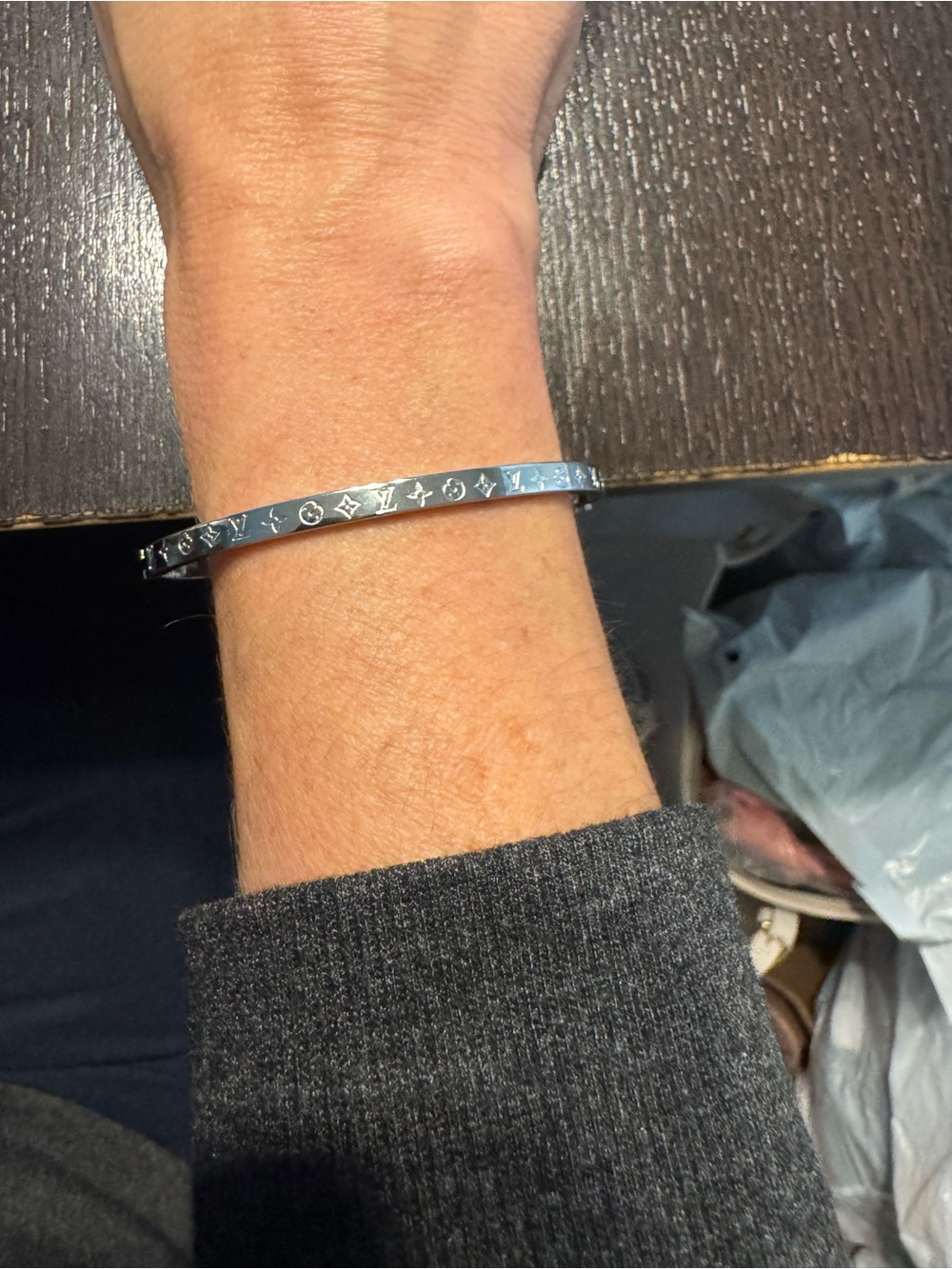 Silver Thin LV Monogram Bangle Bracelet